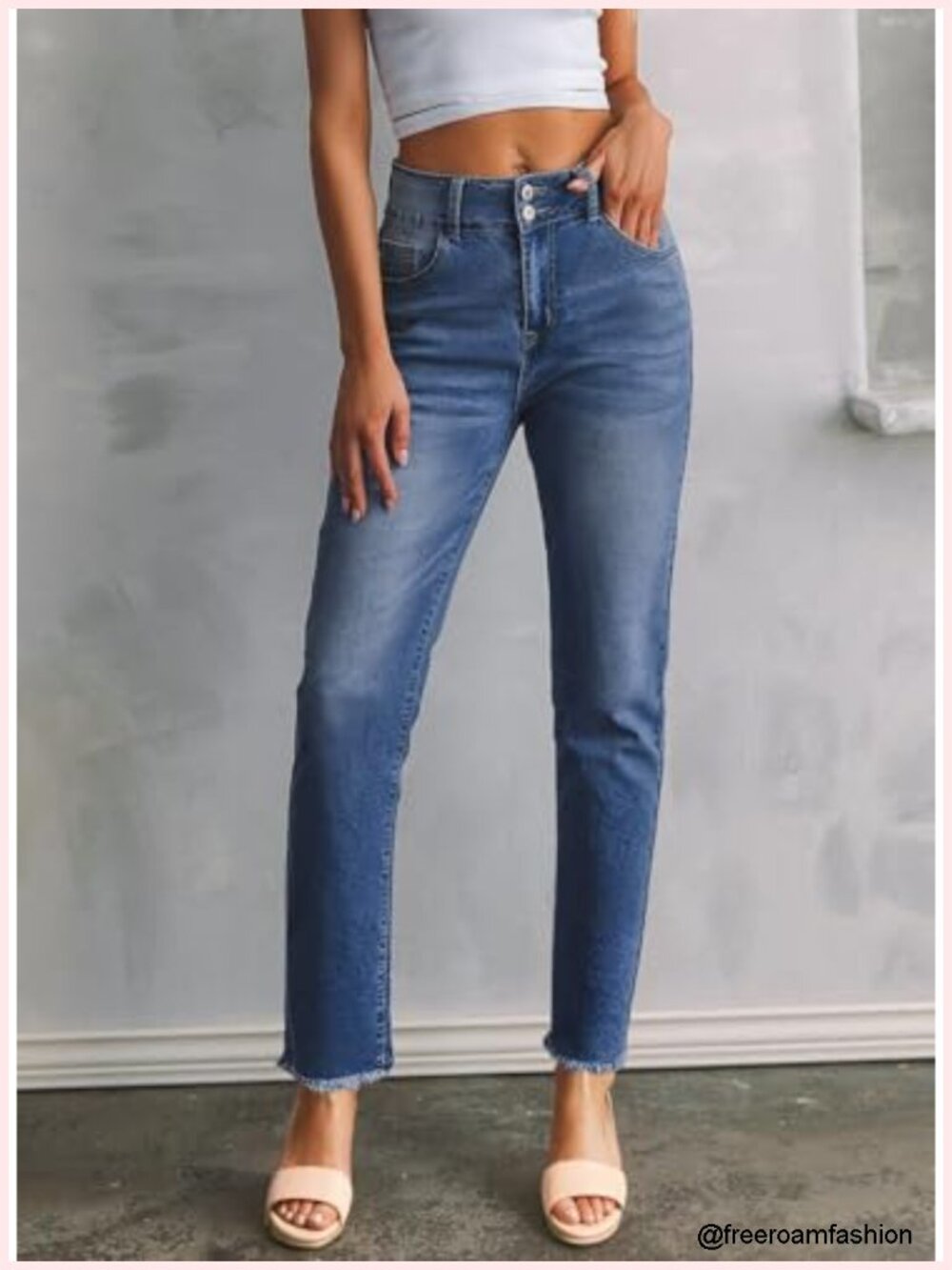 High Waisted Raw Hem Straight Leg Stretchy Denim Jeans with Pockets - Picture 4 of 6